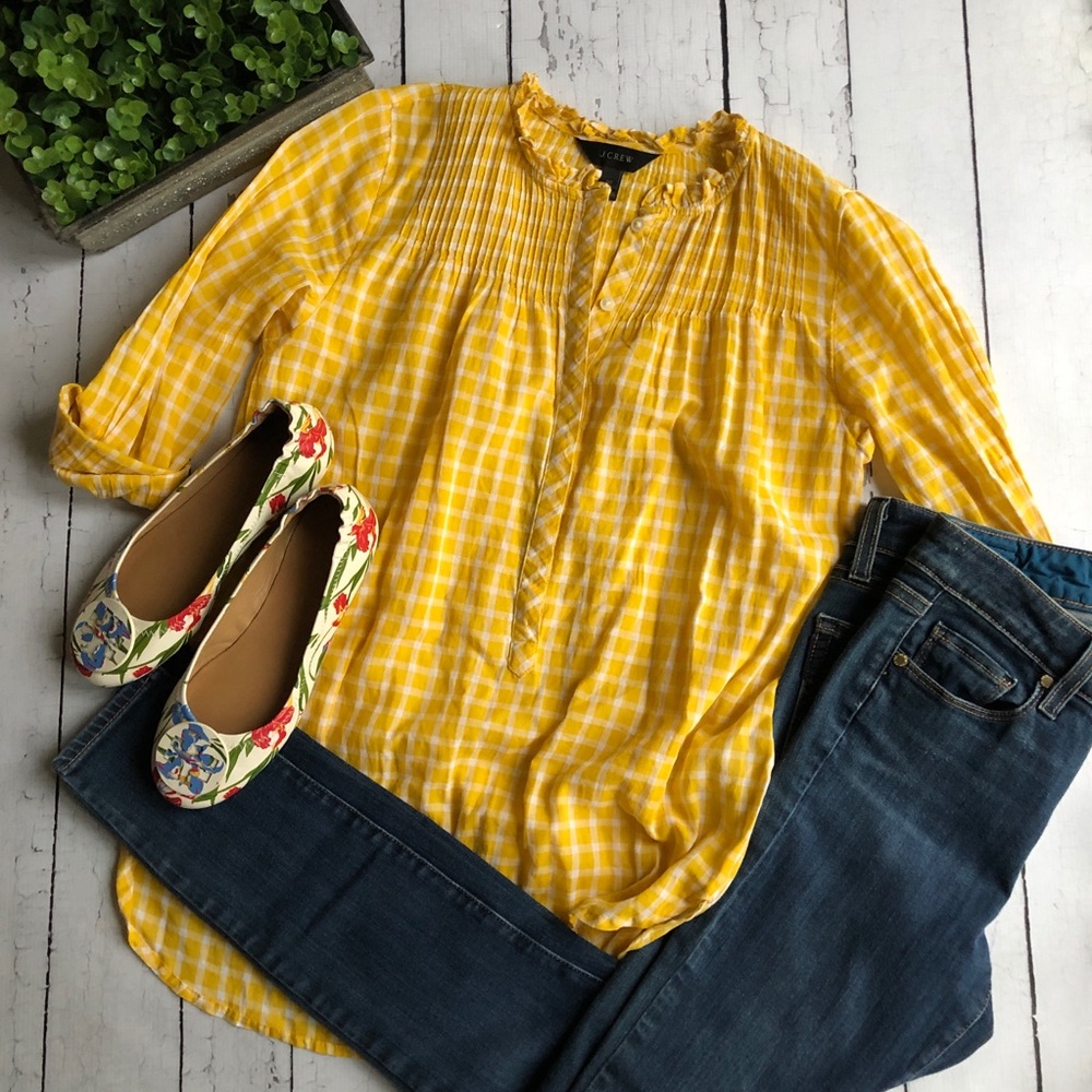 J. Crew Yellow Gingham pintuck Popover blouse